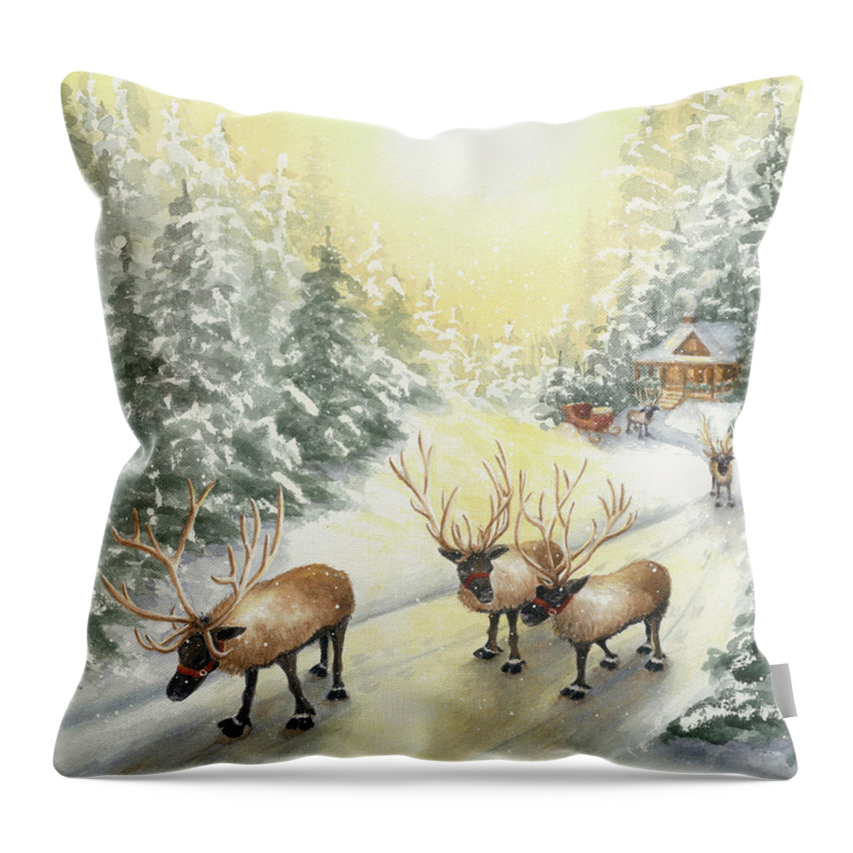 Reindeer Throw Pillow featuring the painting Hoofing It Under the Midnight Sun by Lori Taylor