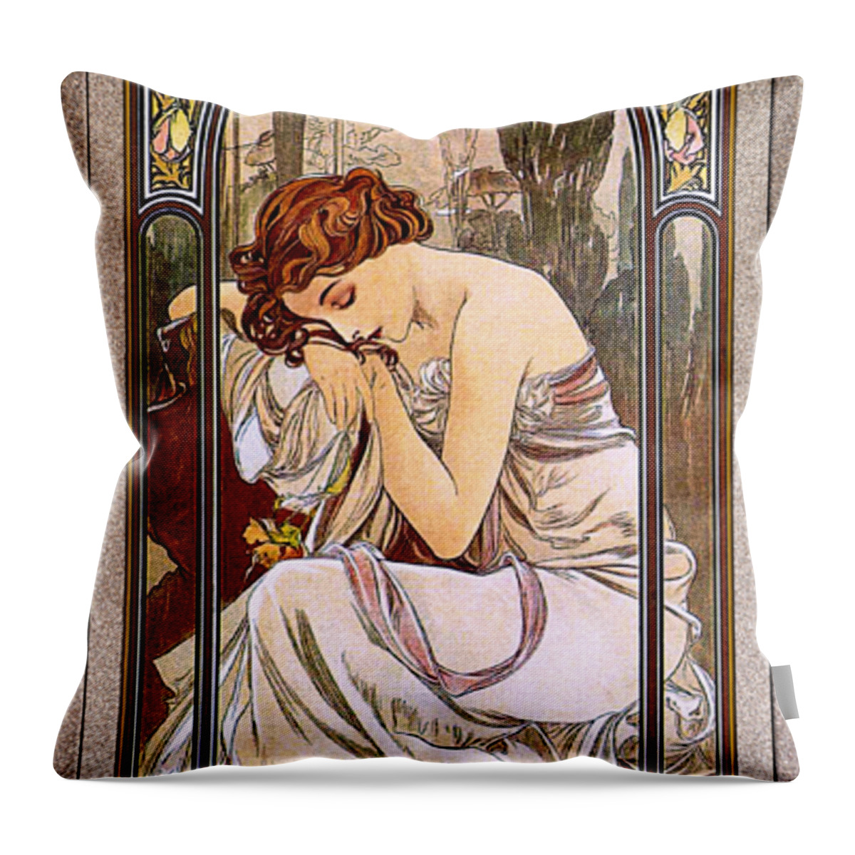 Rest Of The Night Throw Pillow featuring the painting Rest Of The Night by Alphonse Mucha by Rolando Burbon