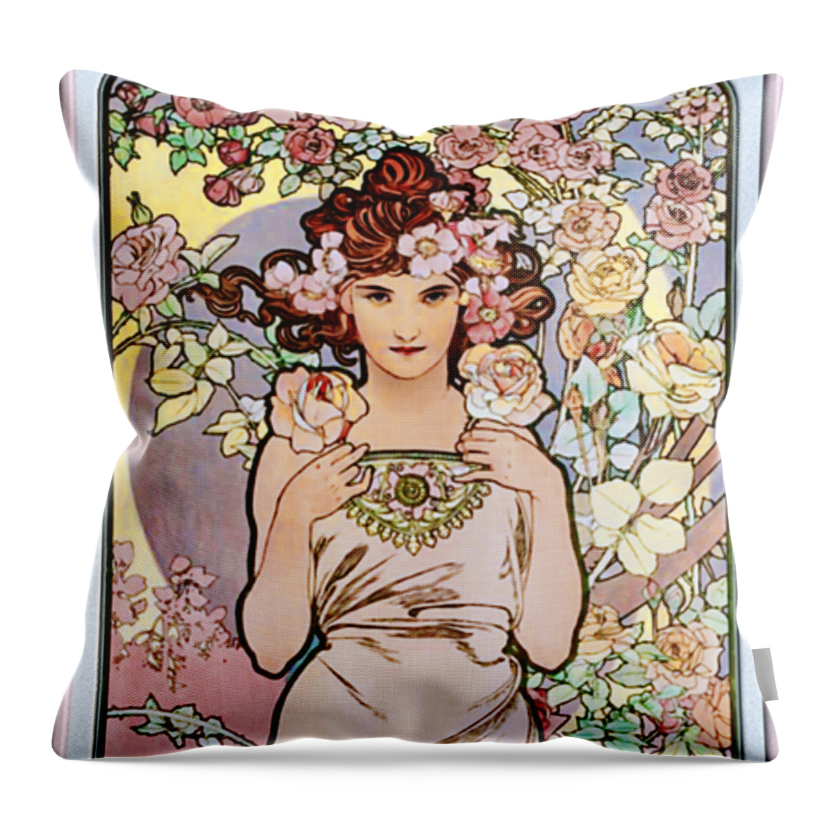 Rose Throw Pillow featuring the painting Rose by Alphonse Mucha by Rolando Burbon