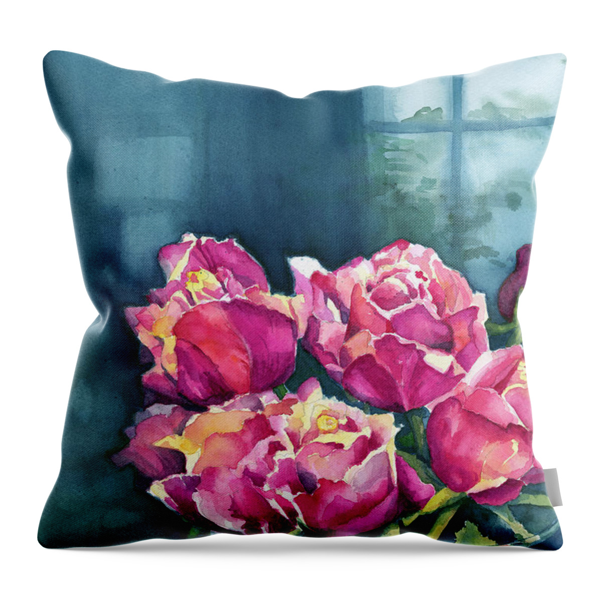 Face Mask Throw Pillow featuring the painting Rose and Window by Lois Blasberg