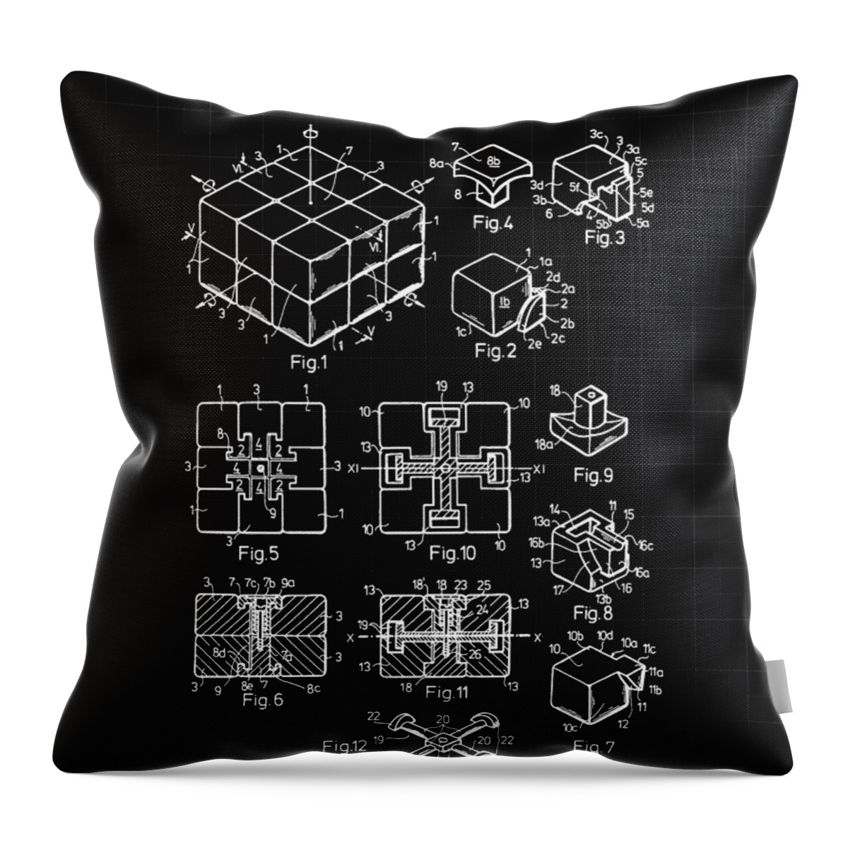 Rubik's Cube Throw Pillow featuring the digital art Rubik's Cube Patent 1983 - Black and White by Marianna Mills
