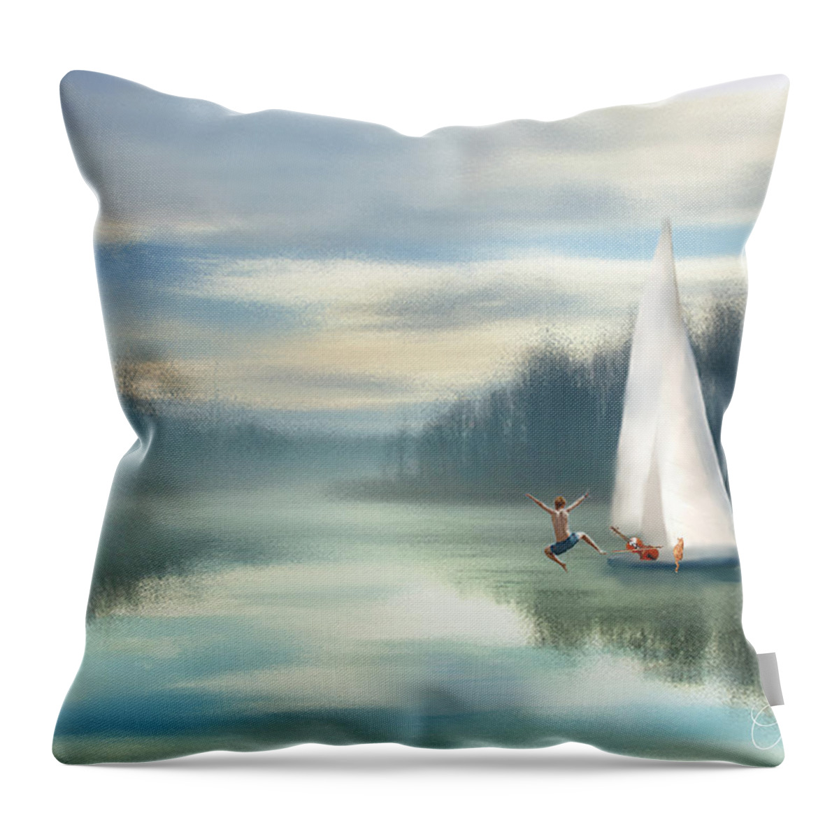 Sailing Boats Throw Pillow featuring the mixed media Sailing Down the River by Colleen Taylor