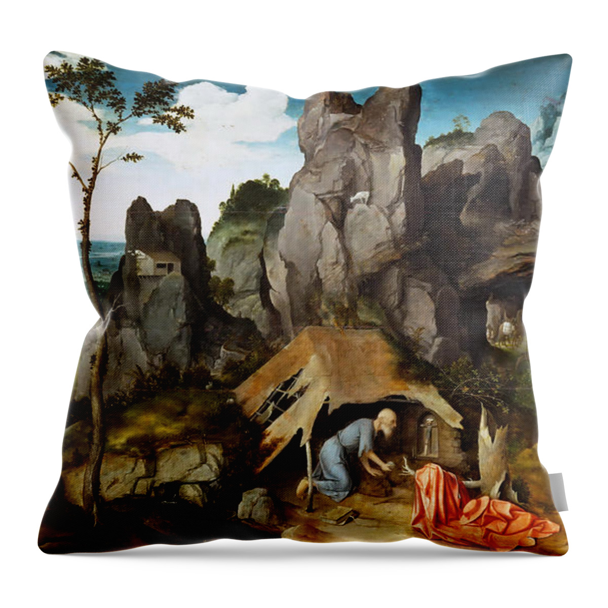 Joachim Patinir Throw Pillow featuring the painting Saint Jerome in the Desert by Joachim Patinir