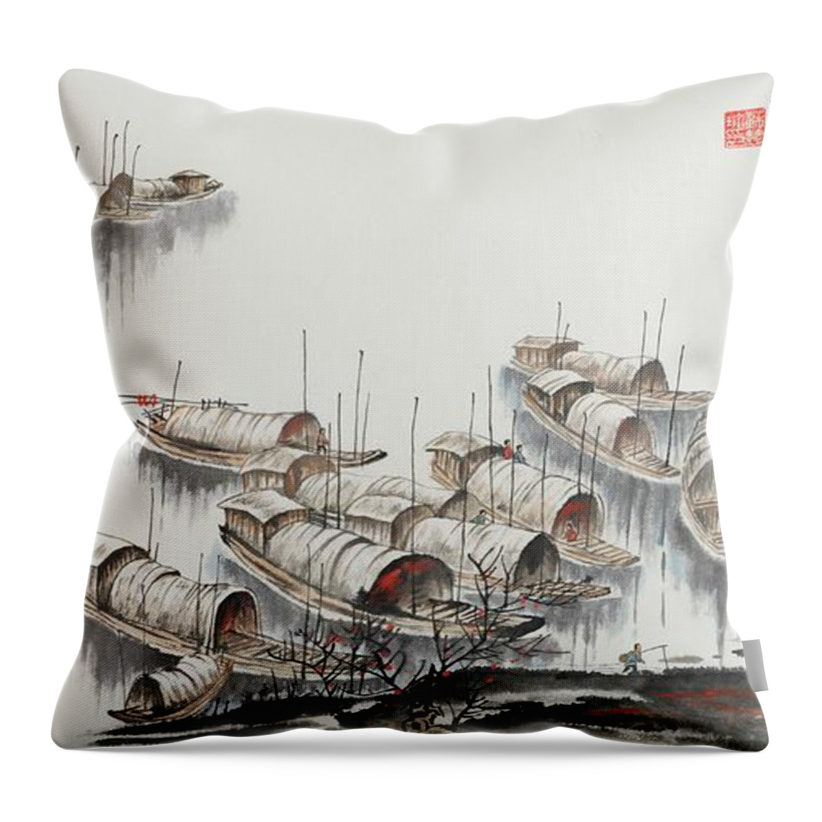 Chinese Watercolor Throw Pillow featuring the painting Sampan Harbor by Jenny Sanders