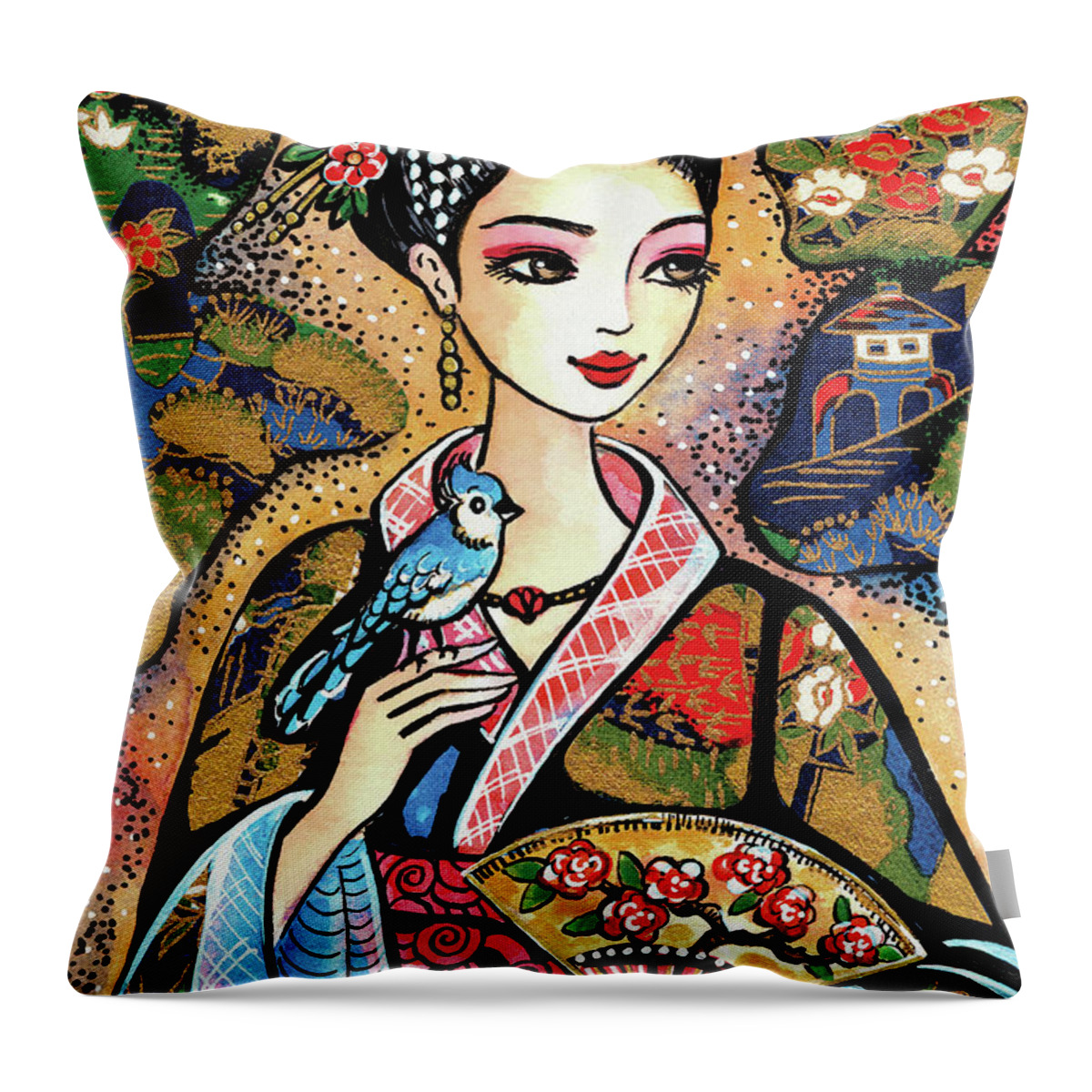 Woman And Bird Throw Pillow featuring the painting Sayuri by Eva Campbell