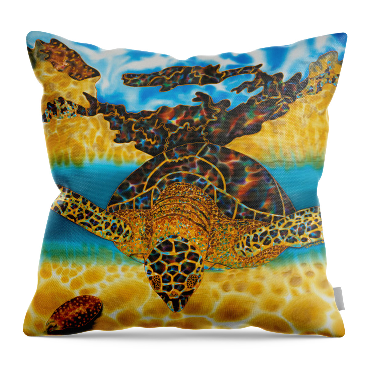 Sea Turtle Throw Pillow featuring the painting Sea Turtle and Sea Shell by Daniel Jean-Baptiste