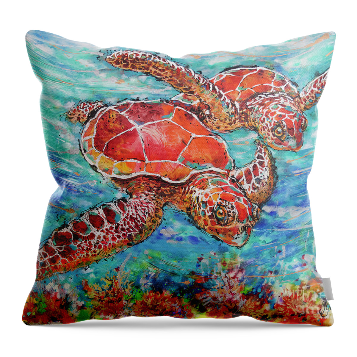 Marine Turtles Throw Pillow featuring the painting Sea Turtles on Coral Reef by Jyotika Shroff