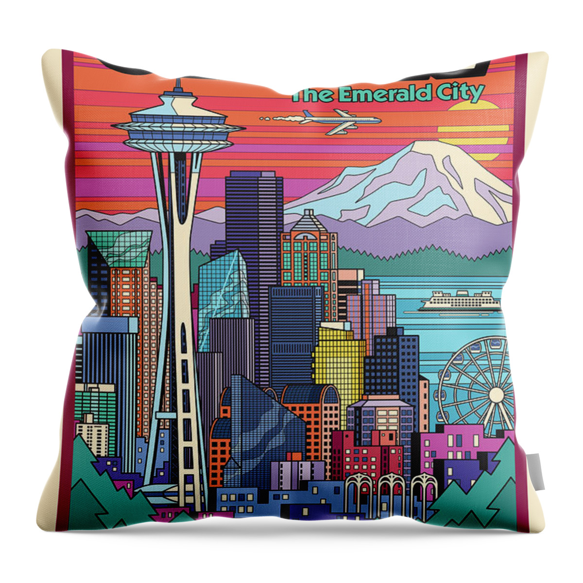 Seattle Throw Pillow featuring the digital art Seattle Poster - Pop Art Skyline by Jim Zahniser