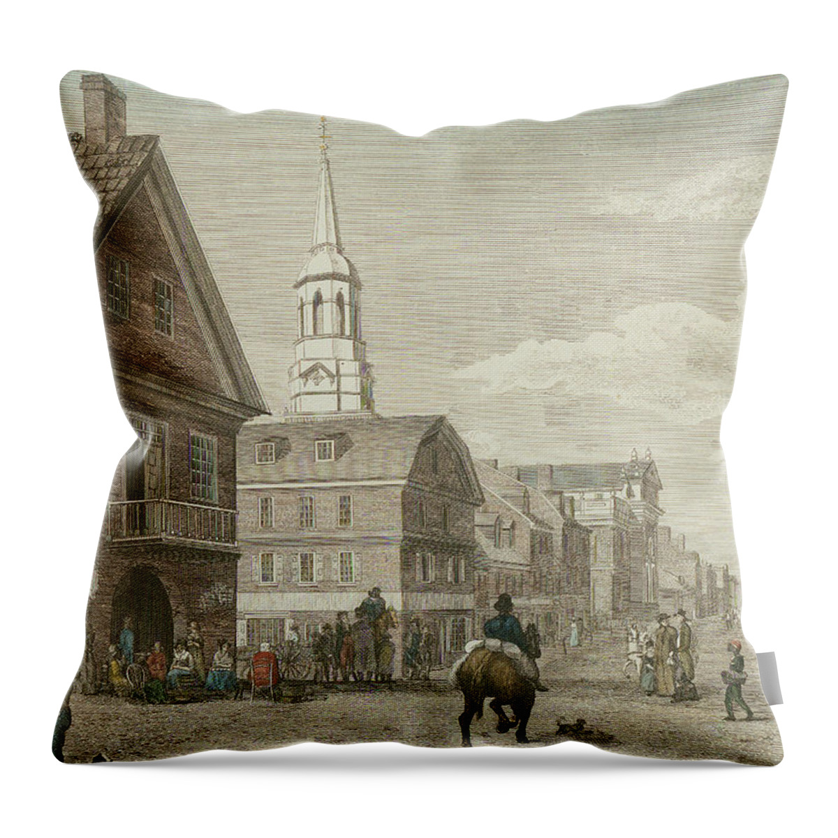 Christ Church Throw Pillow featuring the drawing Second Street North from Market St. and Christ Church by William Birch