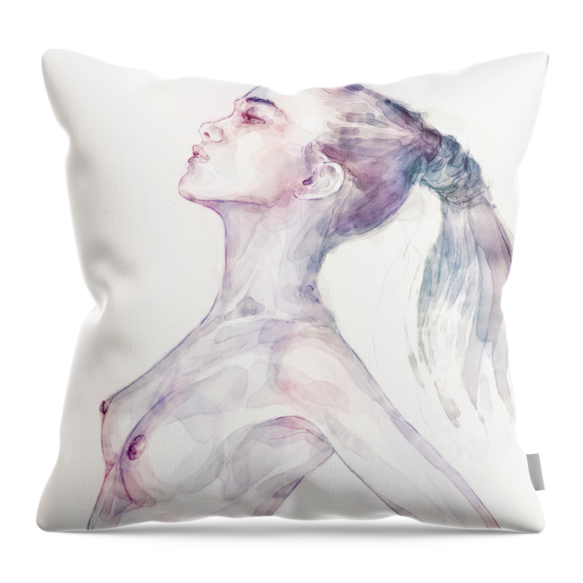 Watercolor Throw Pillow featuring the painting Sensual pose aquarelle portrait of a girl by Dimitar Hristov