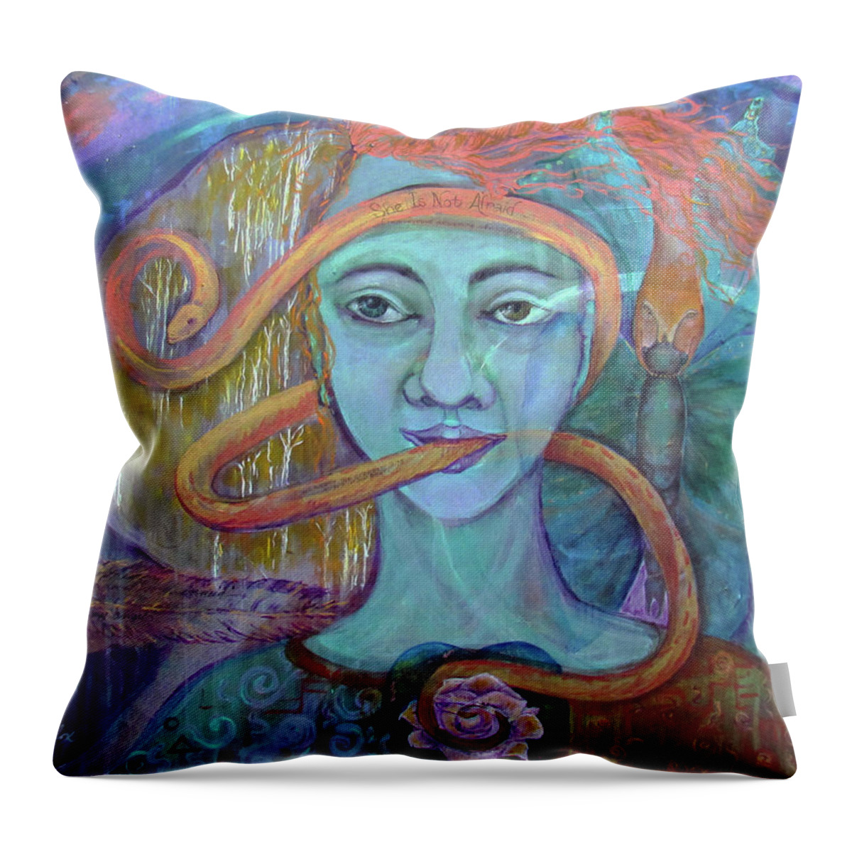 Shamanic Painting. Visionary Painting. Snake Symbolism Throw Pillow featuring the painting She Is Not Afraid of Transformation by Feather Redfox