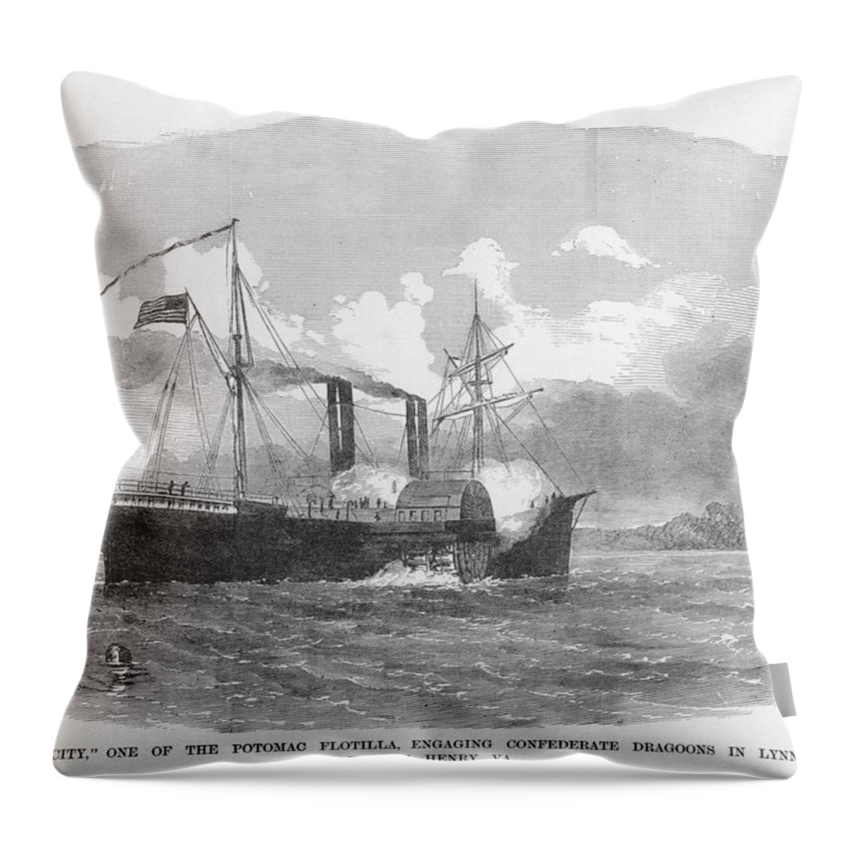 Side-wheeler Throw Pillow featuring the painting Ship Quaker City from the Potomac Flotilla by Frank Leslie