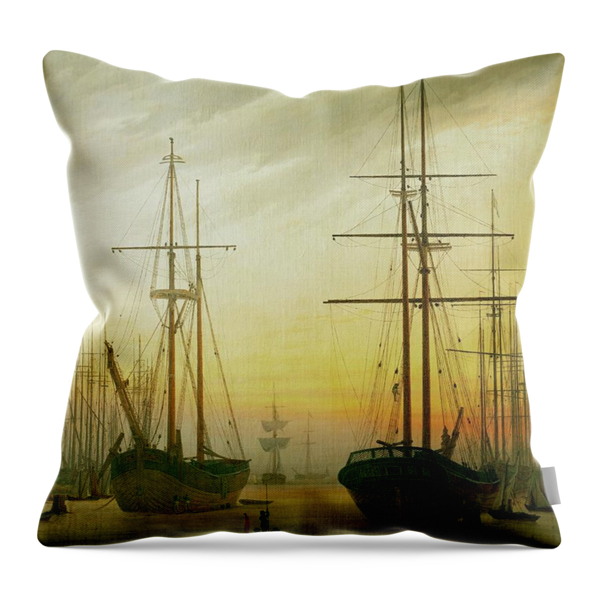 Caspar David Friedrich Throw Pillow featuring the painting Ships in the harbour. Oil on canvas. by Caspar David Friedrich -1774-1840-