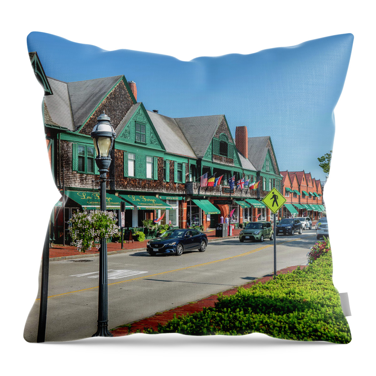 Estock Throw Pillow featuring the digital art Shops On Bellevue Ave, Newport Ri by Laura Zeid