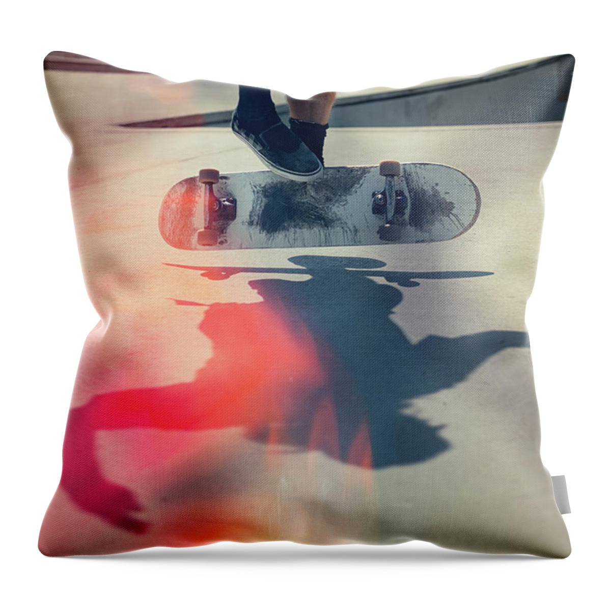 Cool Attitude Throw Pillow featuring the photograph Skateboarder Doing An Ollie by Devon Strong