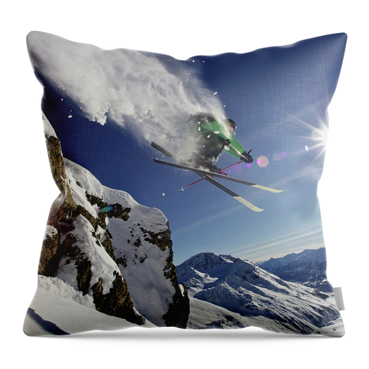 Young Men Throw Pillow featuring the photograph Skier In Midair On Snowy Mountain by Michael Truelove