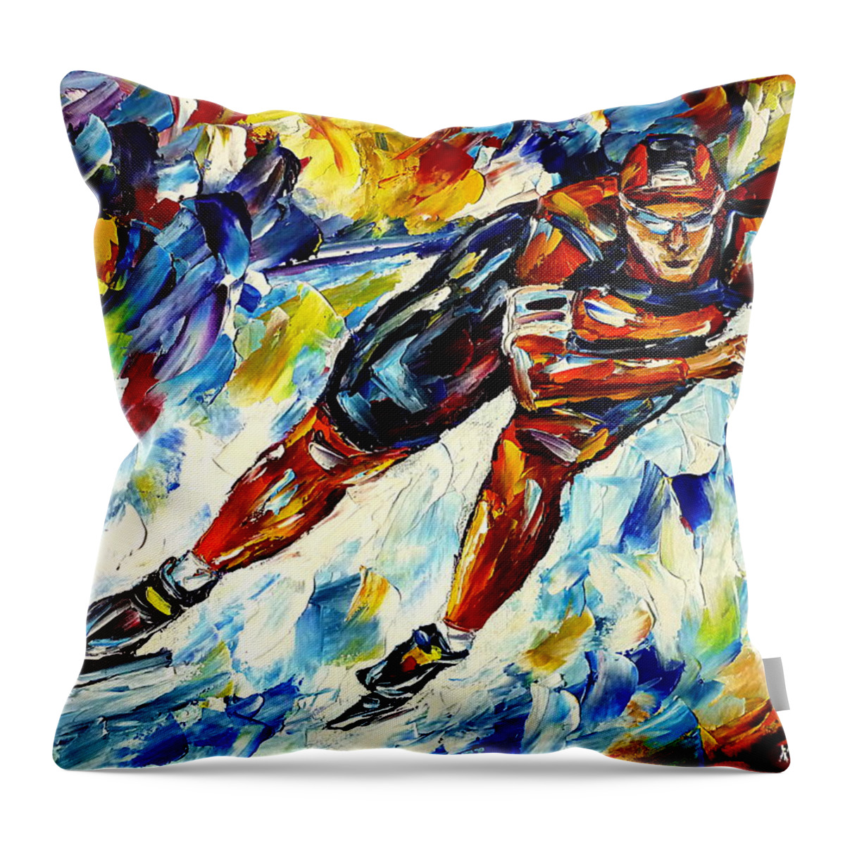 I Love Speed Skating Throw Pillow featuring the painting Speed Skater by Mirek Kuzniar