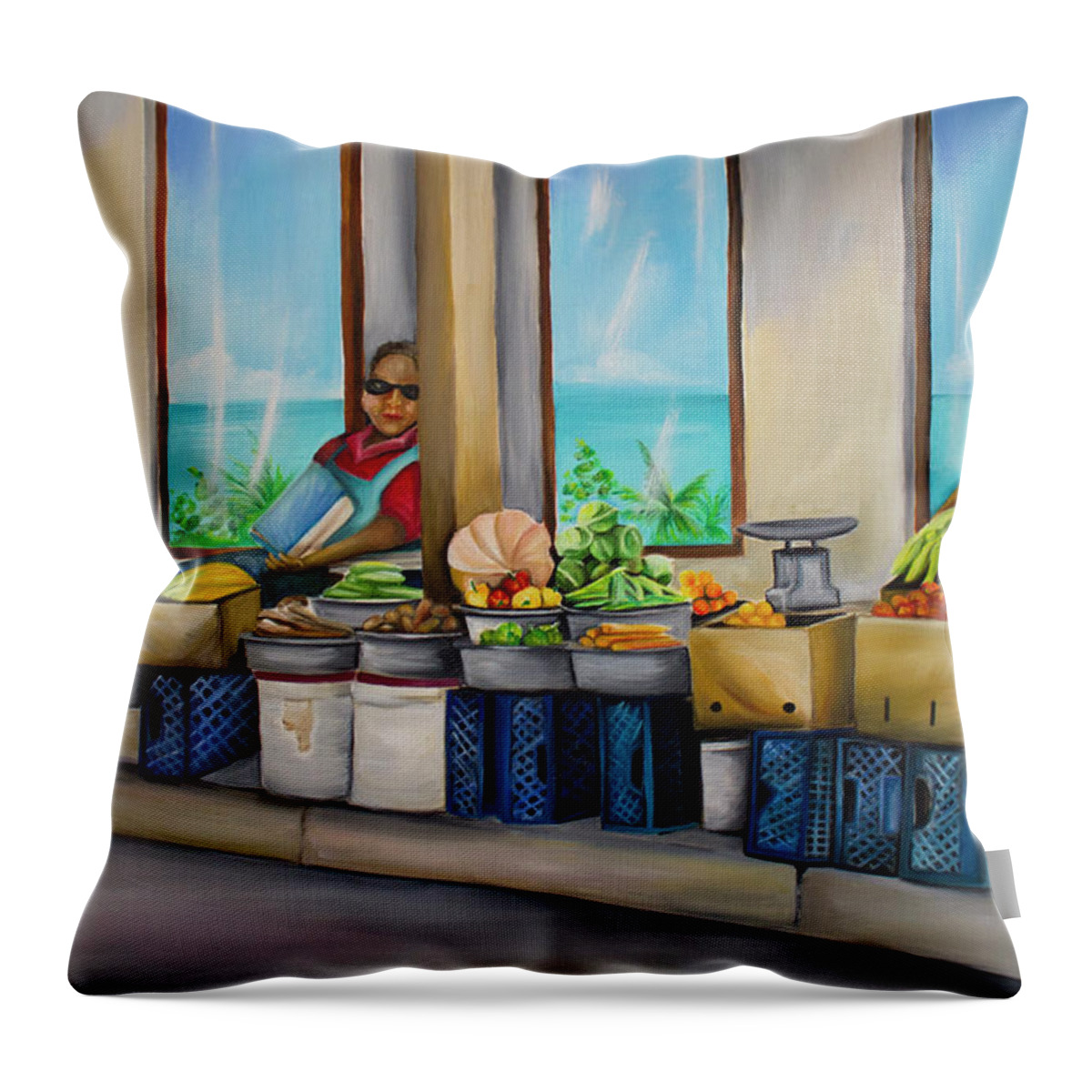 Speightstown Throw Pillow featuring the painting Speightstown Produce Ladies by Barbara Noel