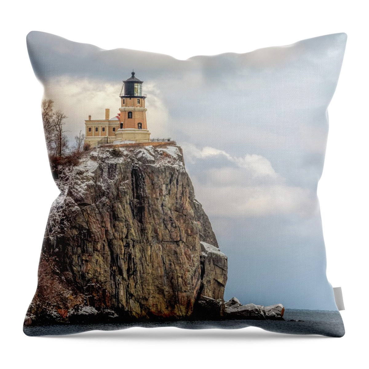 Lighthouse Throw Pillow featuring the photograph Split Rock Lighthouse Lightly Flocked by Susan Rissi Tregoning