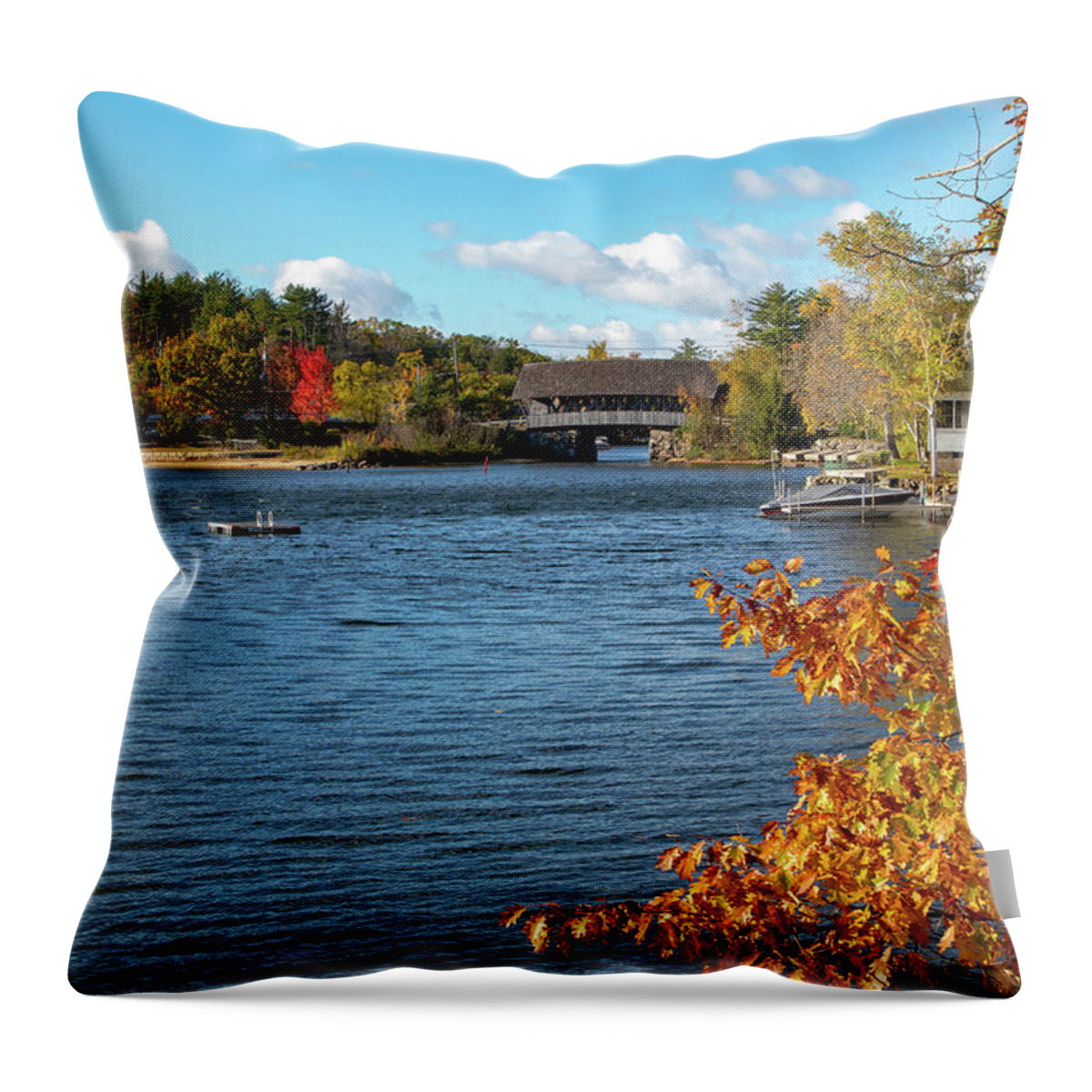 Ashland New Hampshire Throw Pillow featuring the photograph Squam River Covered Bridge by Jeff Folger