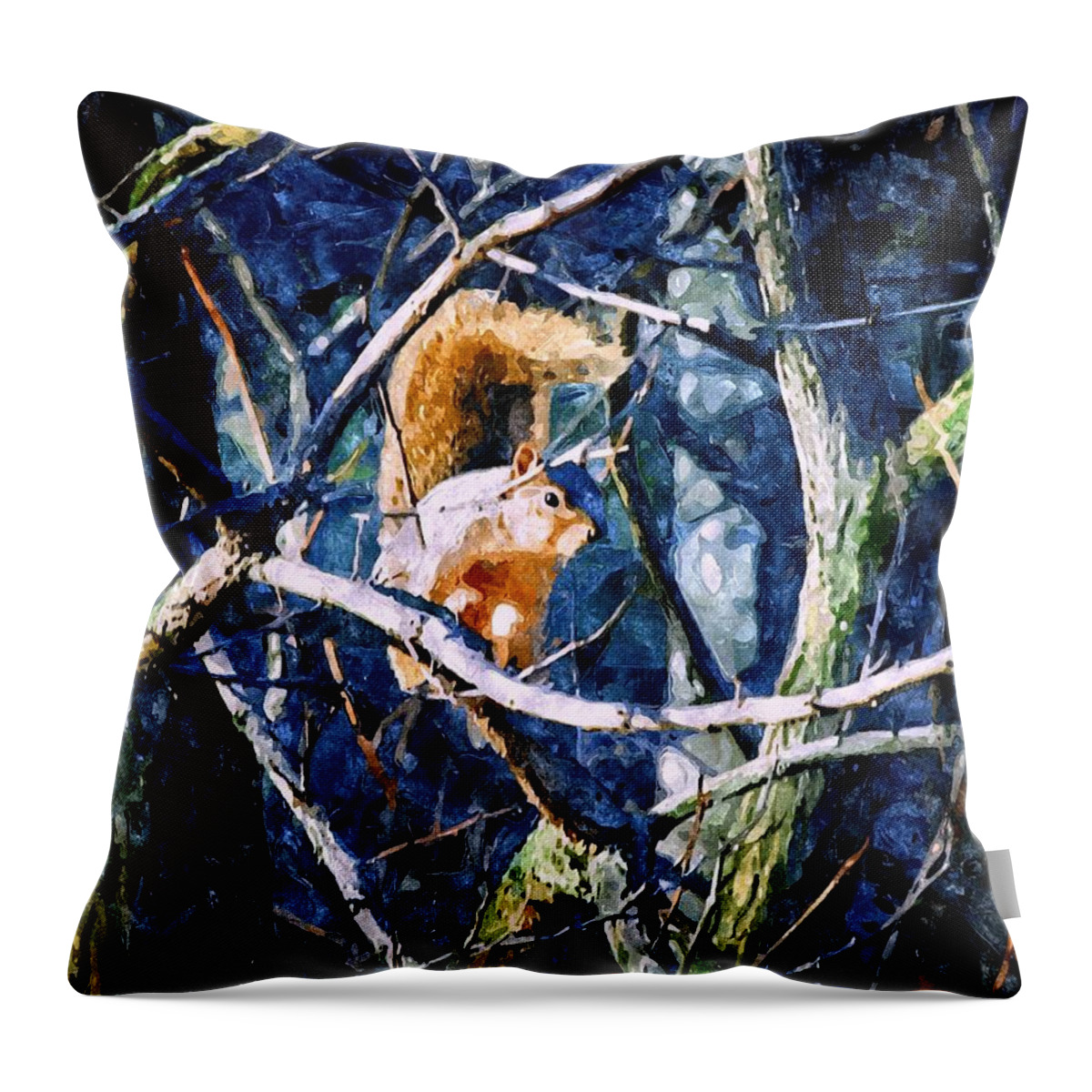Squirrel Throw Pillow featuring the mixed media Squirrel in the Trees by Christopher Reed