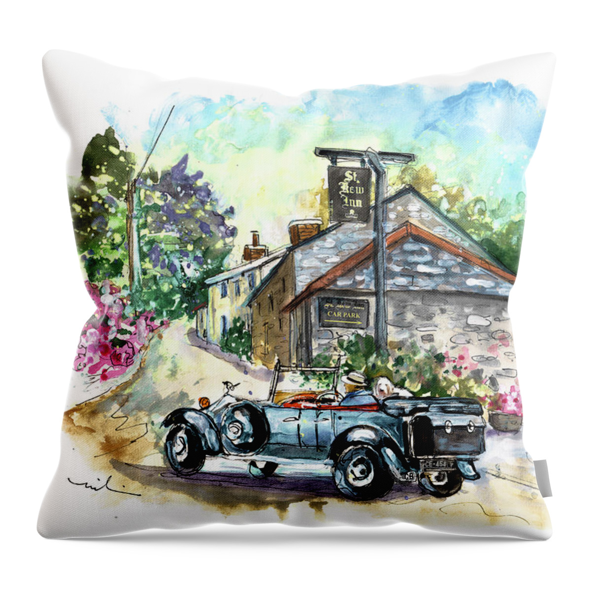 Travel Throw Pillow featuring the painting St Kew Inn In Cornwall 01 by Miki De Goodaboom