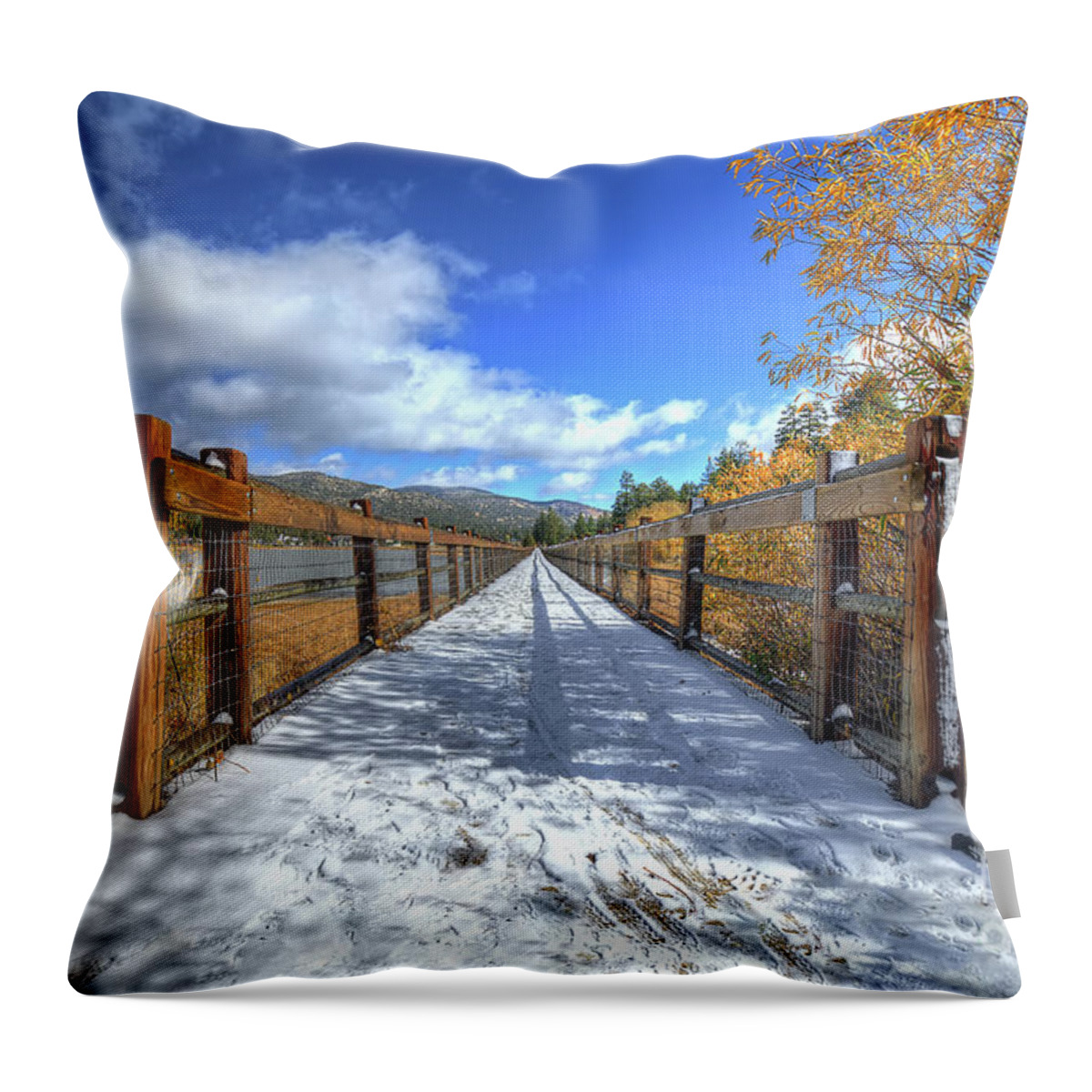 Stanfield; Marsh; Wildlife; Waterfowl; Preserve; Bridge; Wood; Snow; Trees; Bush; Branches; Leaves; Yellow; White; Blue; Sky; Clouds; Nikon; Big Bear; California Throw Pillow featuring the photograph Stanfield Marsh Wildlife and Waterfowl Preserve Bridge by Eddie Yerkish
