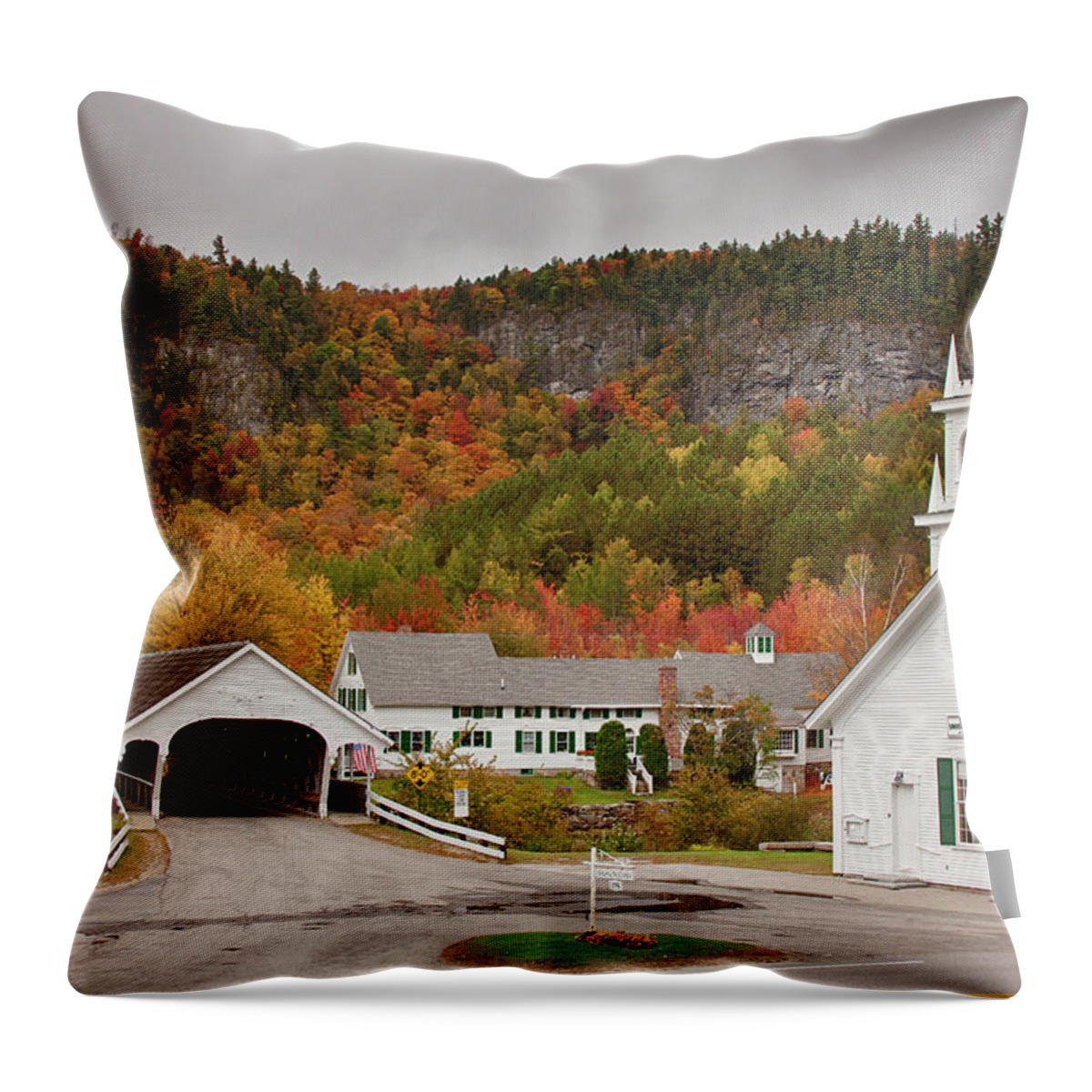 Autumn Throw Pillow featuring the photograph Stark Covered Bridge by Jeff Folger