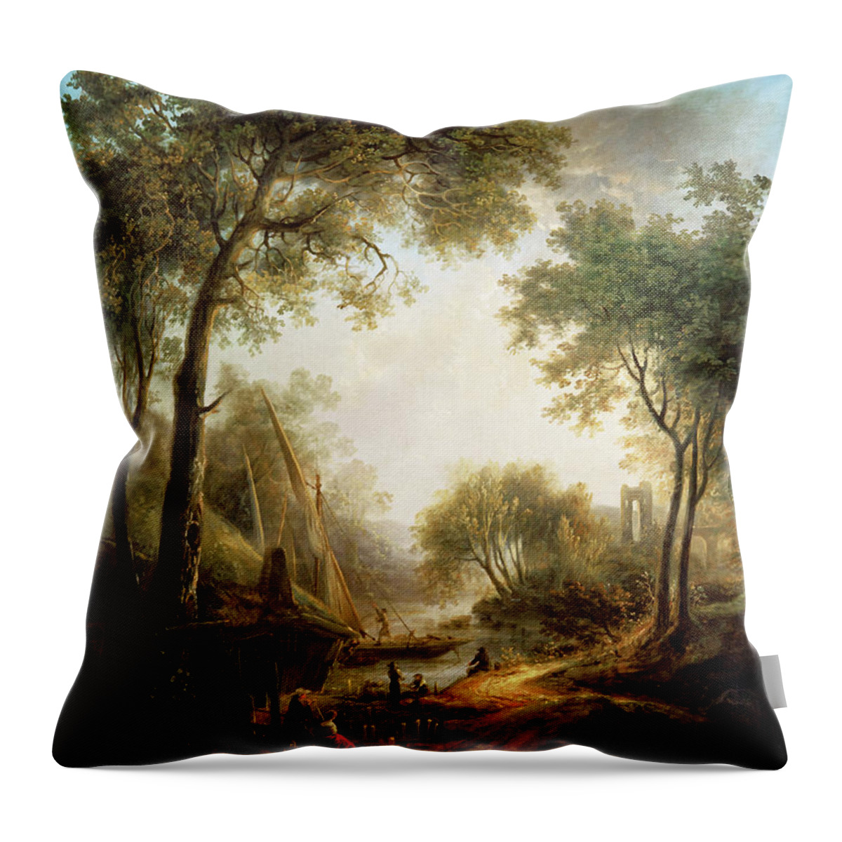 Summer Landscape Throw Pillow featuring the painting Summer Landscape with Water and Tall Trees by Elias Martin by Rolando Burbon