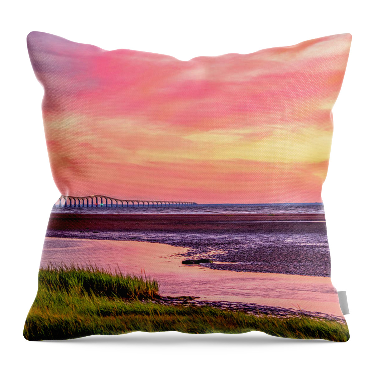 Pei Throw Pillow featuring the photograph Summer Sunset at Confederation Bridge, Painterly by Marcy Wielfaert