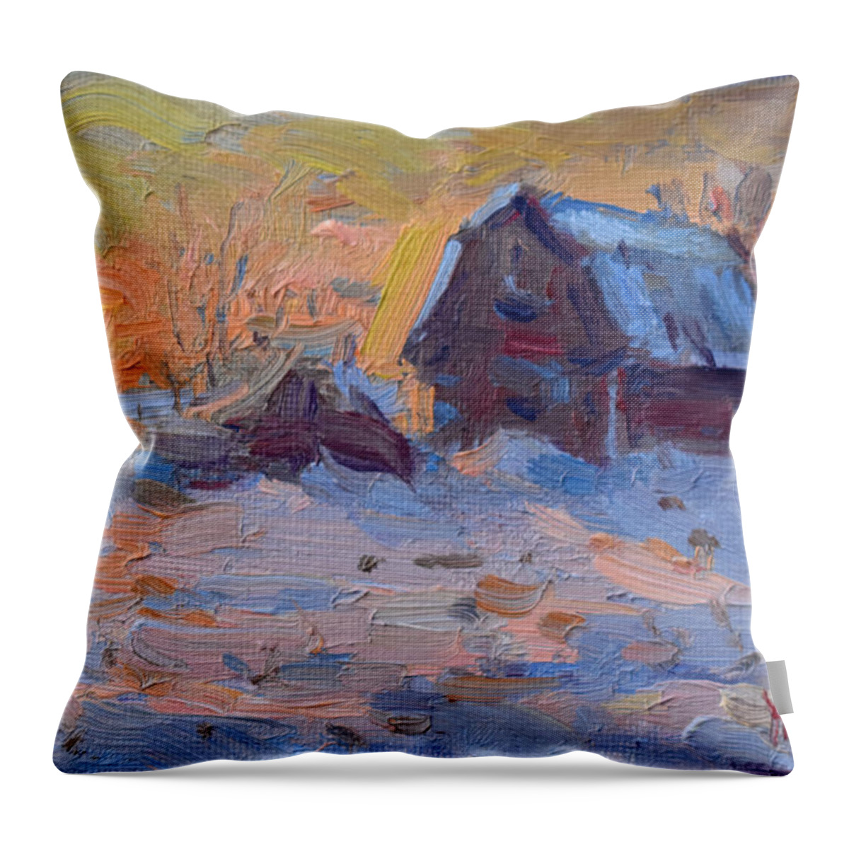 Sunset Throw Pillow featuring the painting Sunset and Snow in the Farm by Ylli Haruni