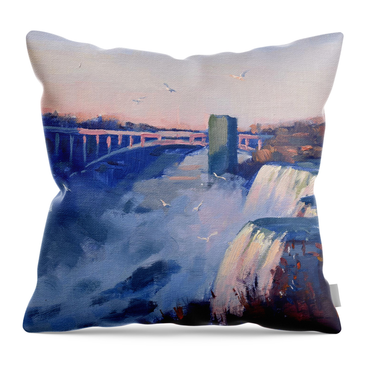 Sunset Throw Pillow featuring the painting Sunset at the Falls by Ylli Haruni