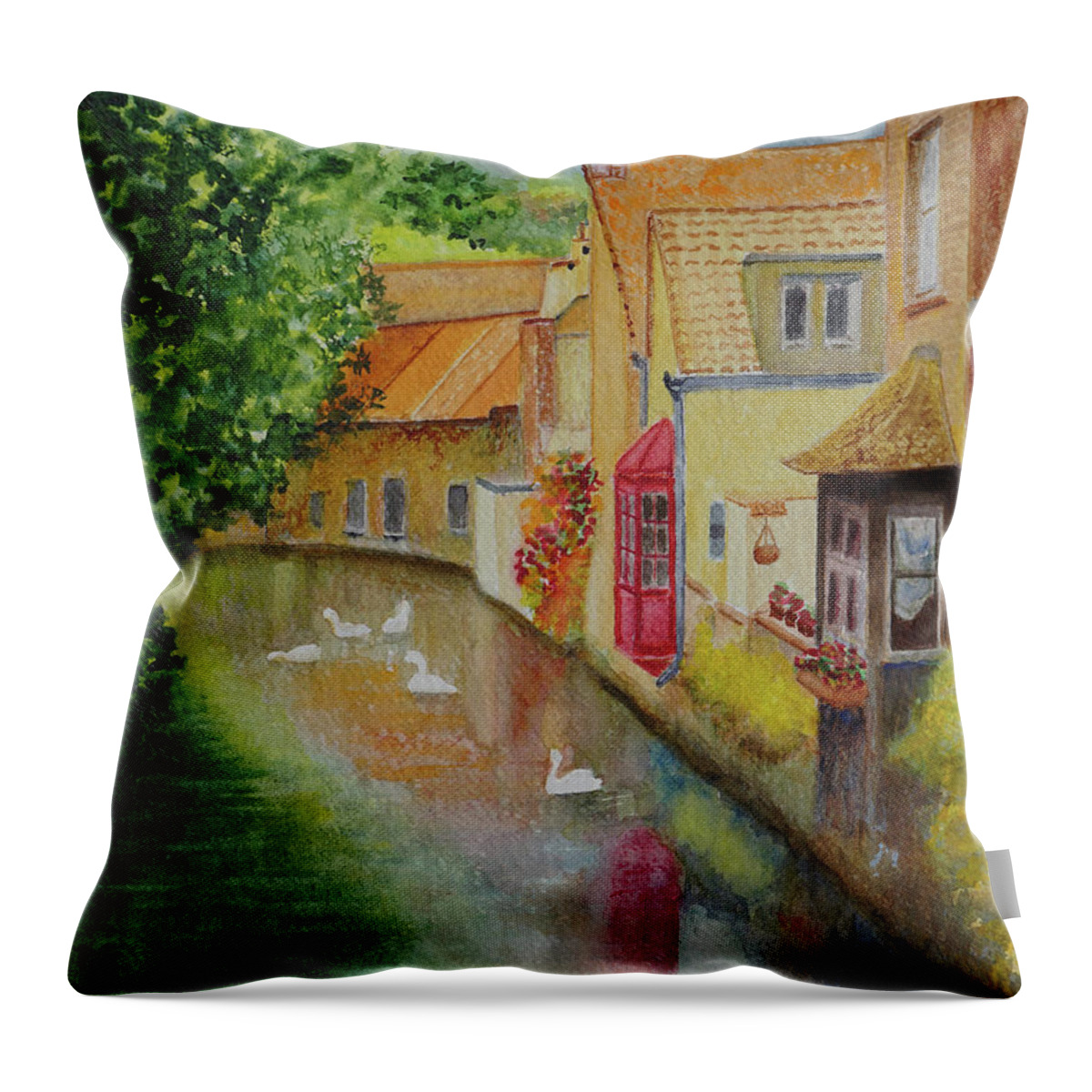 Bruges Throw Pillow featuring the painting Swan Canal by Karen Fleschler