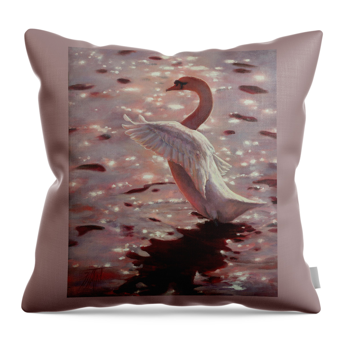 Swan Throw Pillow featuring the painting Pink Sunset Swan by Lynne Pittard