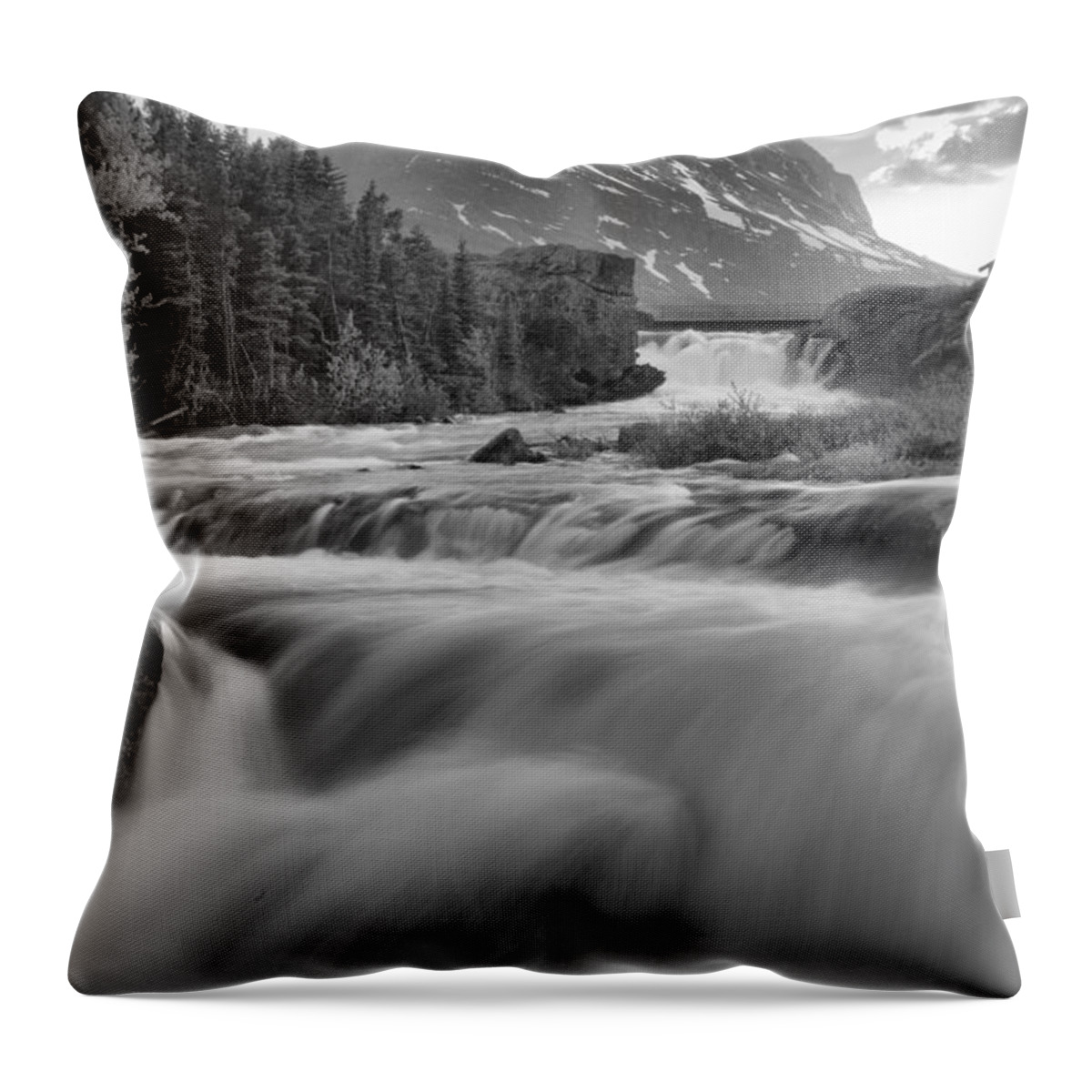 Swift Current Falls Throw Pillow featuring the photograph Swiftcurrent Falls Spring SUnset Black And White by Adam Jewell