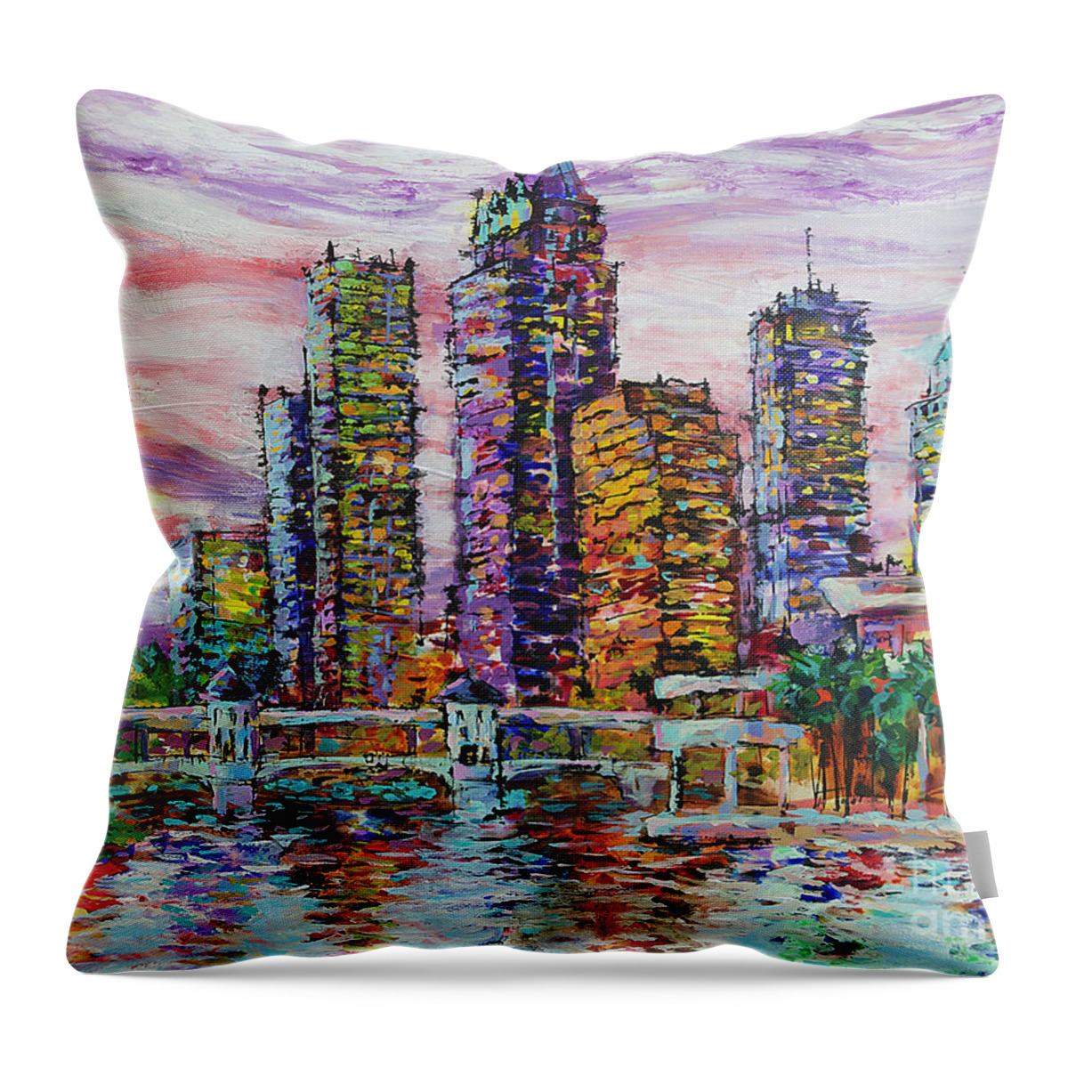  Throw Pillow featuring the painting Tampa skyline at Sunset by Jyotika Shroff