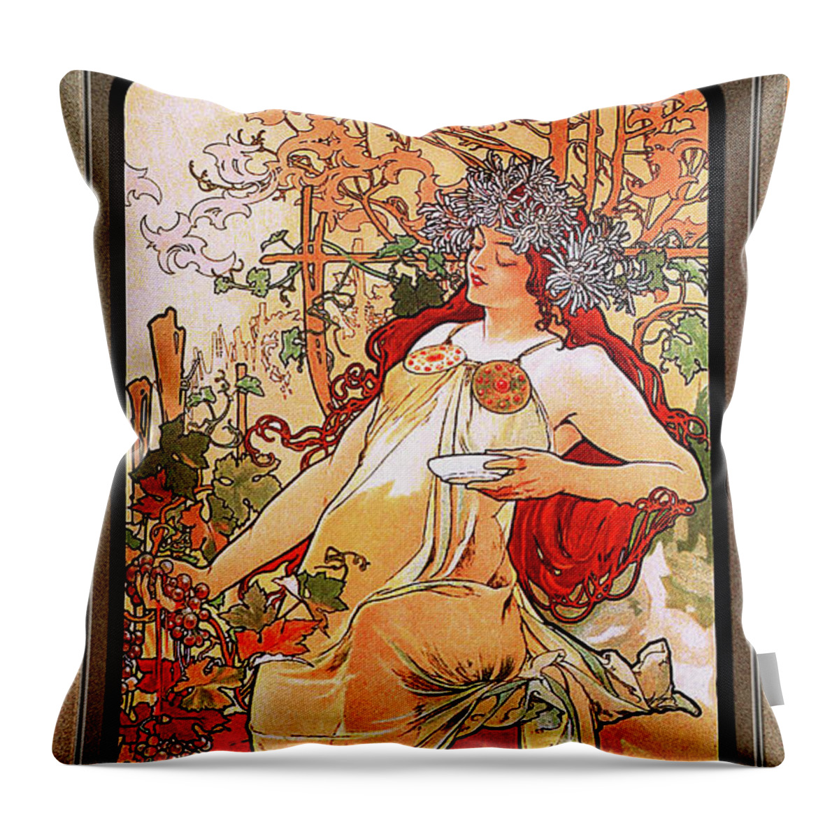 The Autumn Throw Pillow featuring the painting The Autumn by Alphonse Mucha by Rolando Burbon