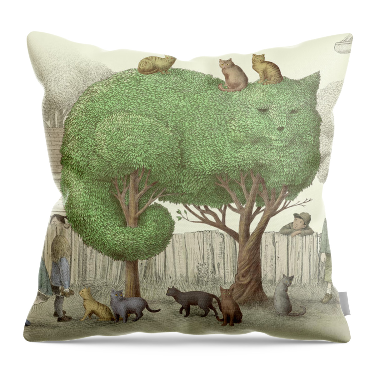 Cat Throw Pillow featuring the drawing The Cat Tree by Eric Fan