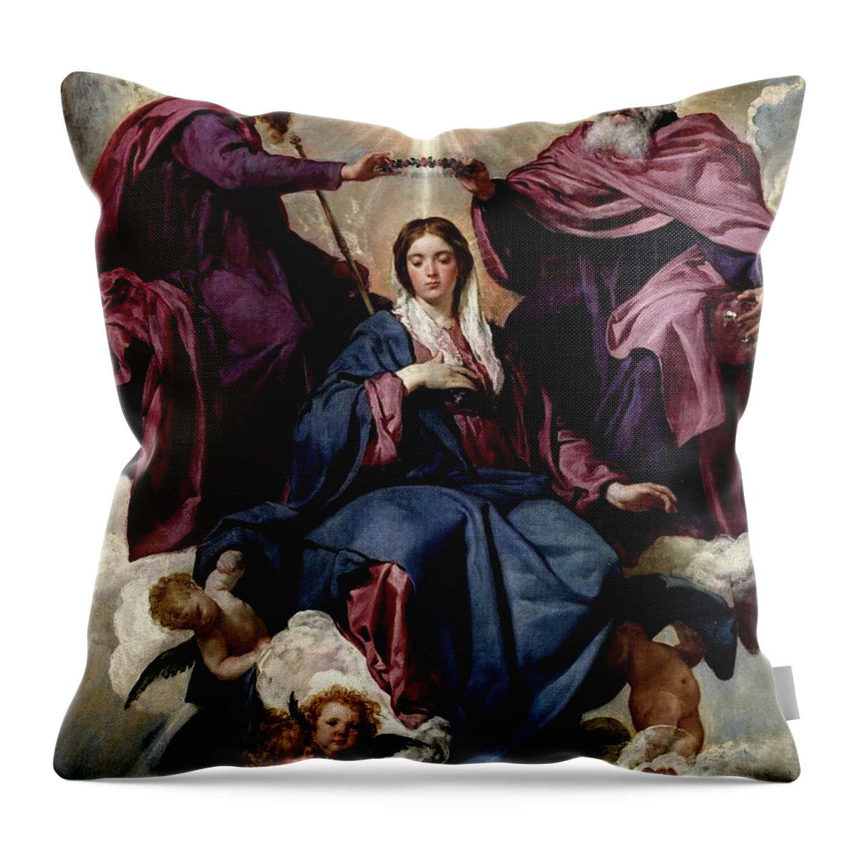 Diego Velazquez Throw Pillow featuring the painting 'The Coronation of the Virgin', ca. 1635, Spanish School, ... by Diego Velazquez -1599-1660-
