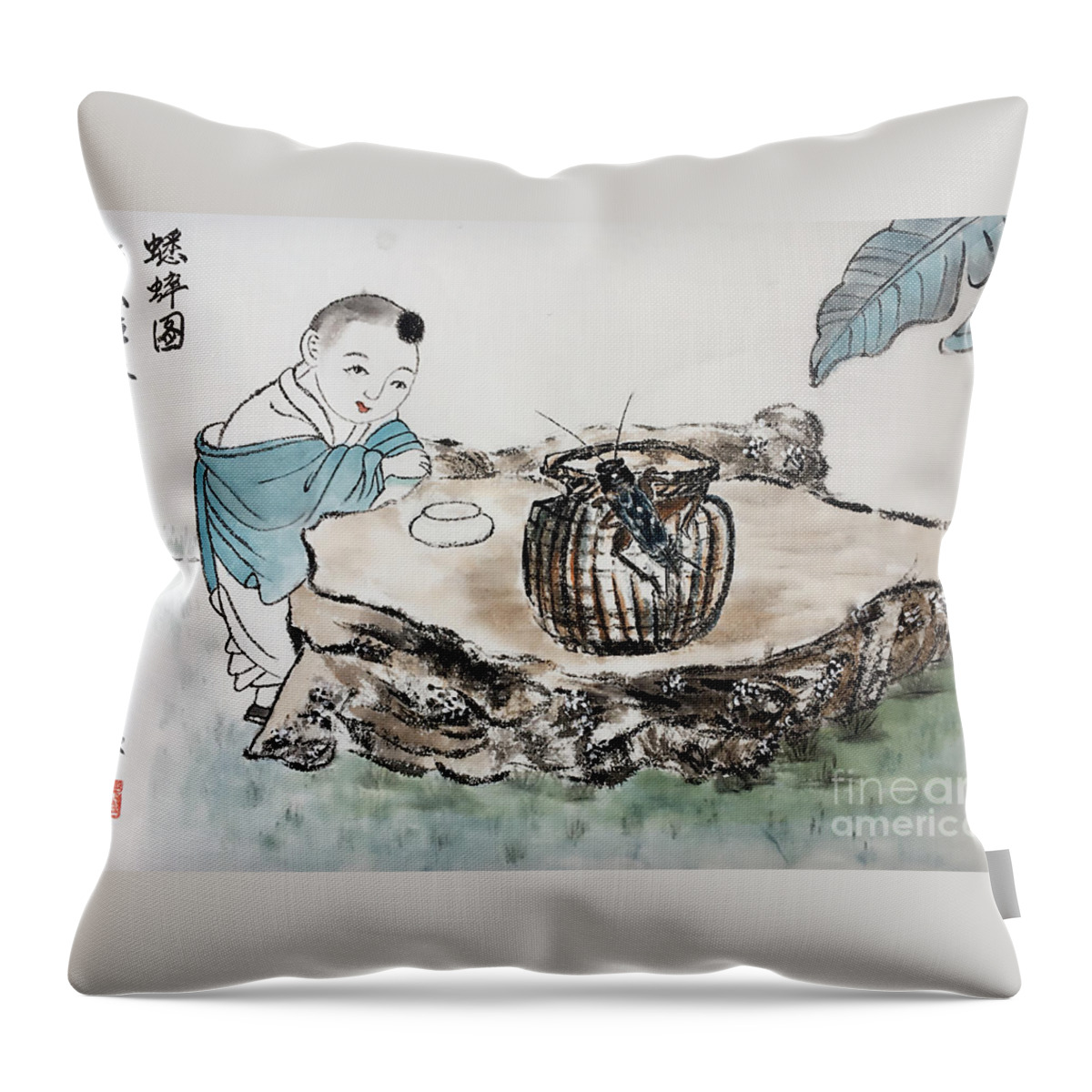 Chinese Throw Pillow featuring the painting The Cricket by Carmen Lam
