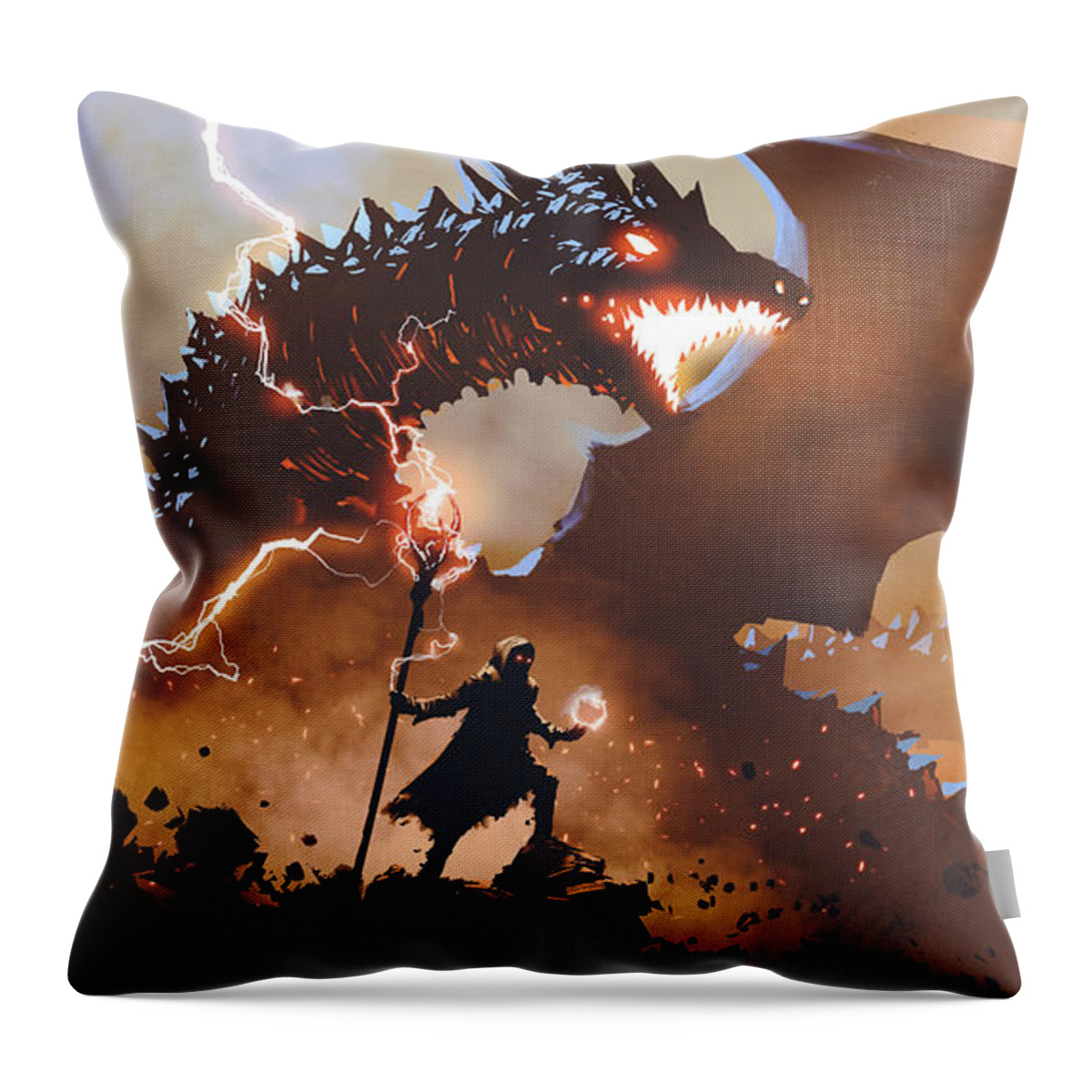 Illustration Throw Pillow featuring the painting The Dragon Wizard by Tithi Luadthong