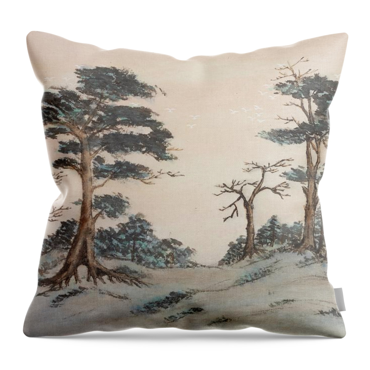 Chinese Watercolor Throw Pillow featuring the painting Flying White Birds  by Jenny Sanders