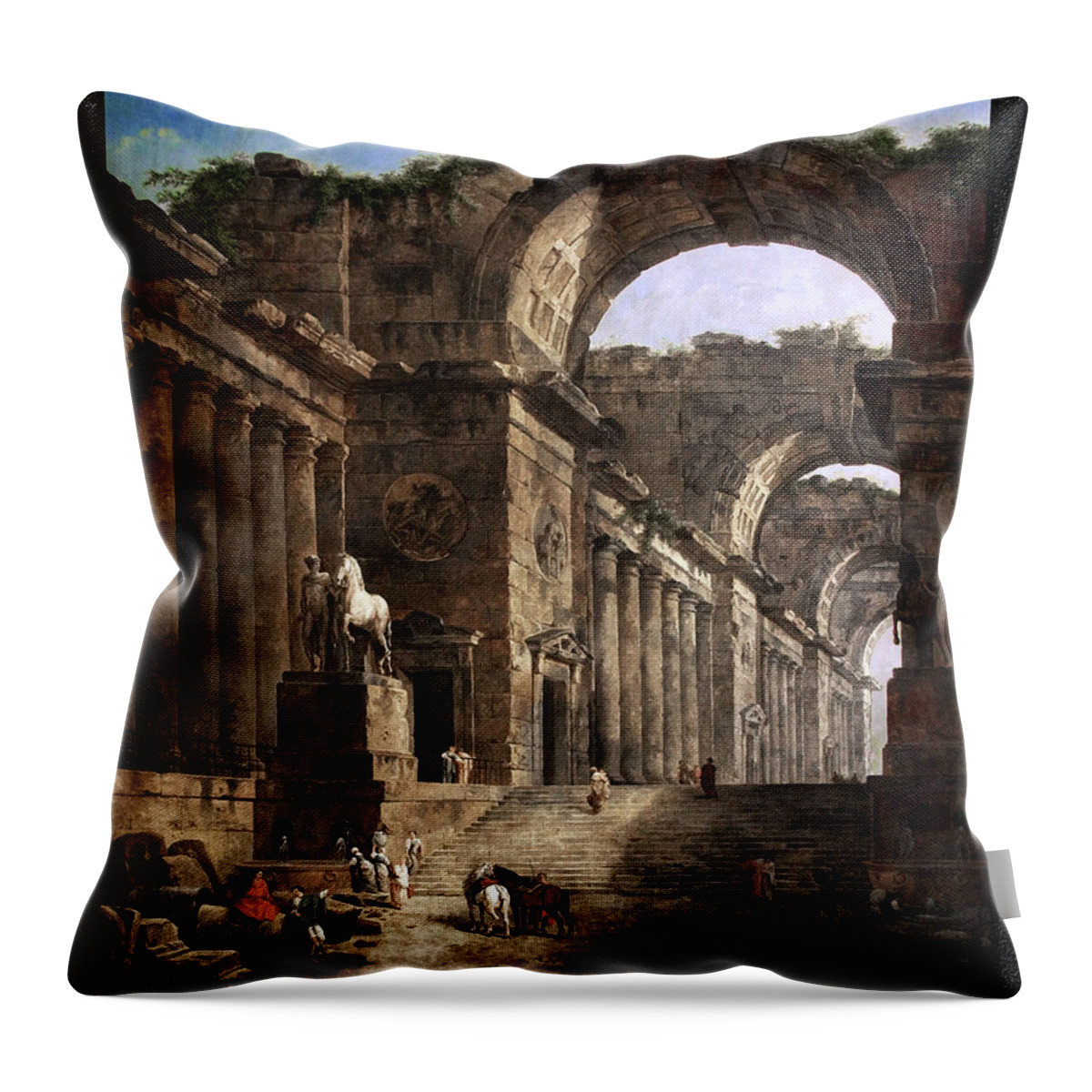 The Fountain Throw Pillow featuring the painting The Fountains by Hubert Robert by Rolando Burbon