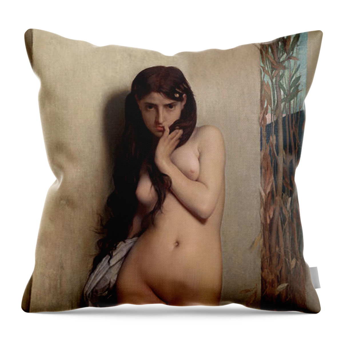 The Grasshopper Throw Pillow featuring the painting The Grasshopper by Jules Joseph Lefebvre by Rolando Burbon