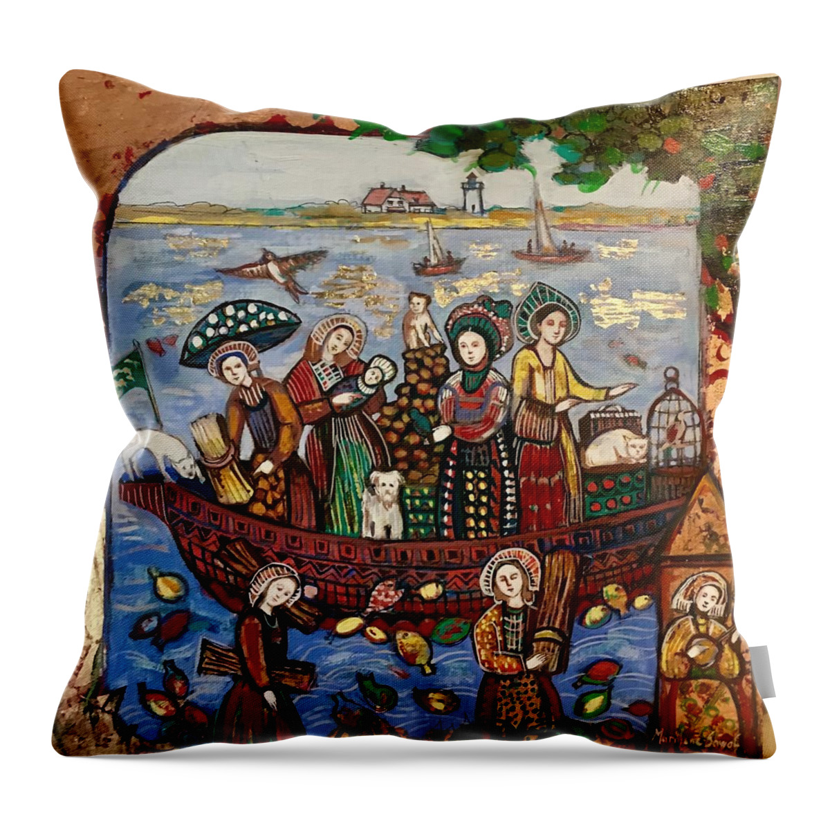 Immigrants Throw Pillow featuring the painting The Immigrants in town by Marilene Sawaf