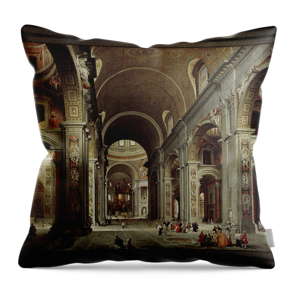 The Nave Of St. Peter's Basilica Throw Pillow featuring the painting The Nave of St Peter's Basilica in the Vatican c1735 by Giovanni Paolo Pannini by Rolando Burbon