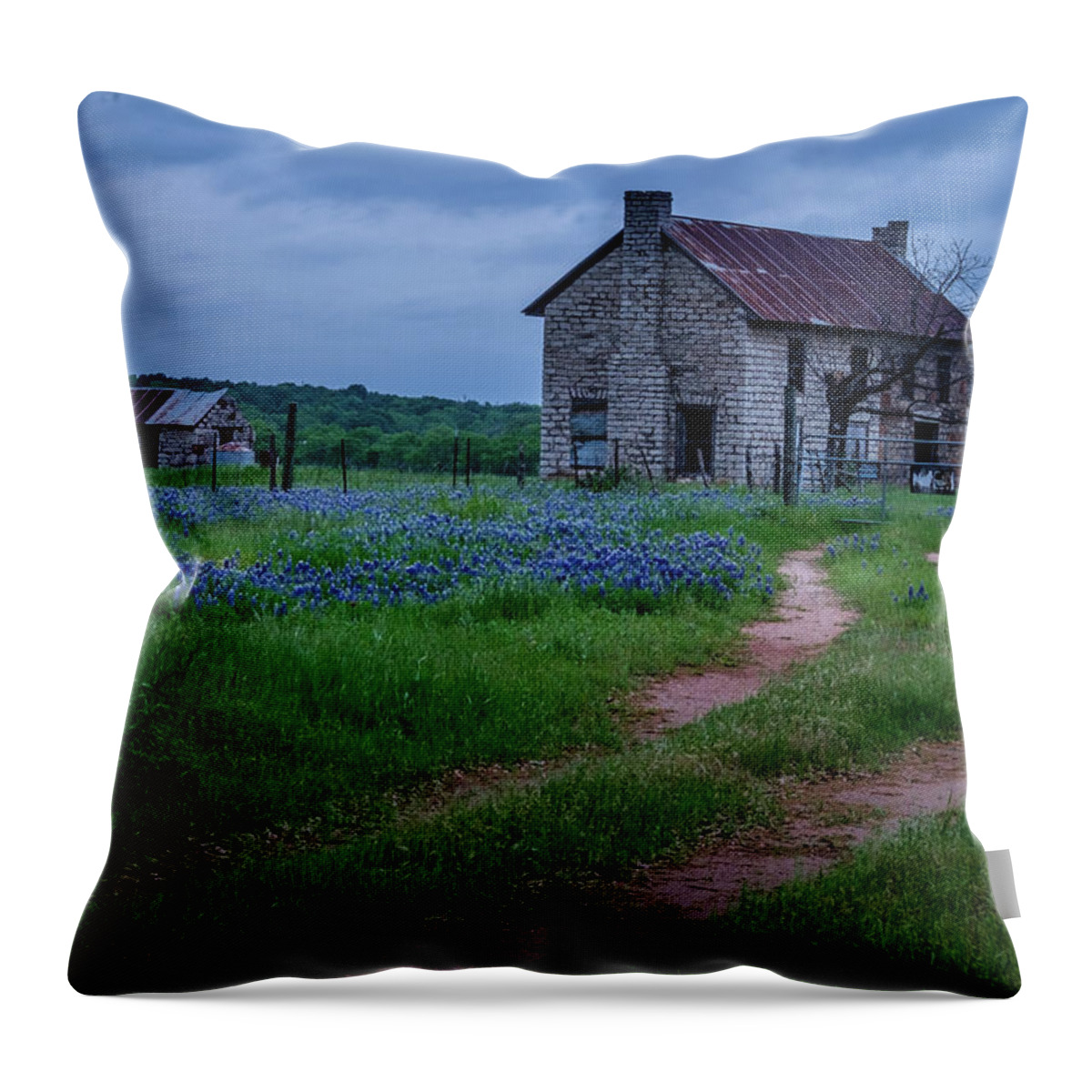 A Dirt Road Leads To A Charming 1800 Era Stone House In The Texas Hill Country As An Evening Storm Rolls In. Throw Pillow featuring the photograph The Road Home by Johnny Boyd