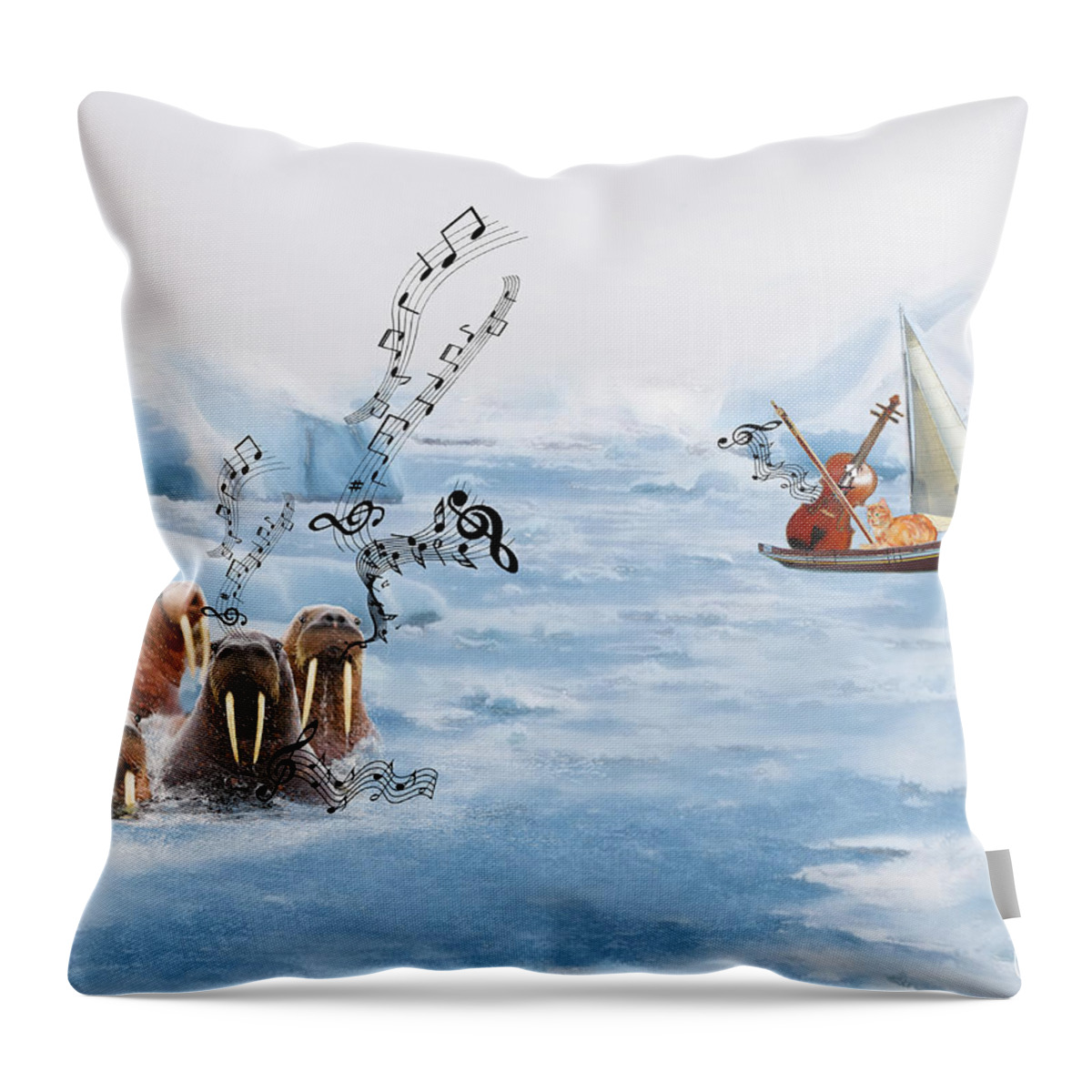 Walrus Throw Pillow featuring the mixed media The Walrus Choir by Colleen Taylor