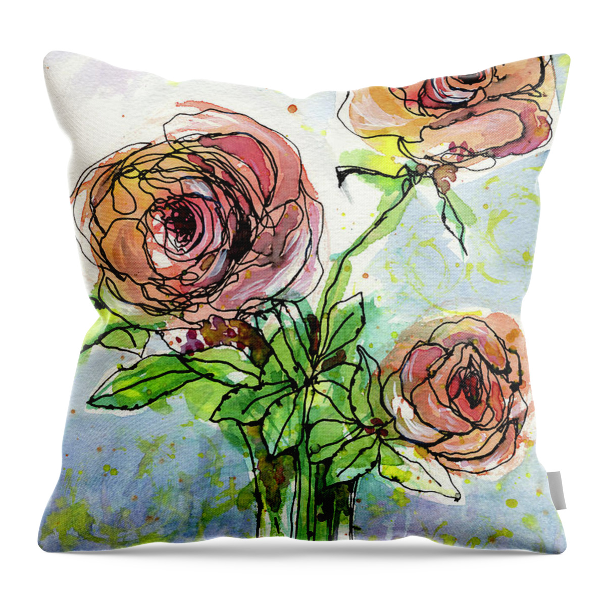 Watercolor Throw Pillow featuring the painting Three Roses by AnneMarie Welsh