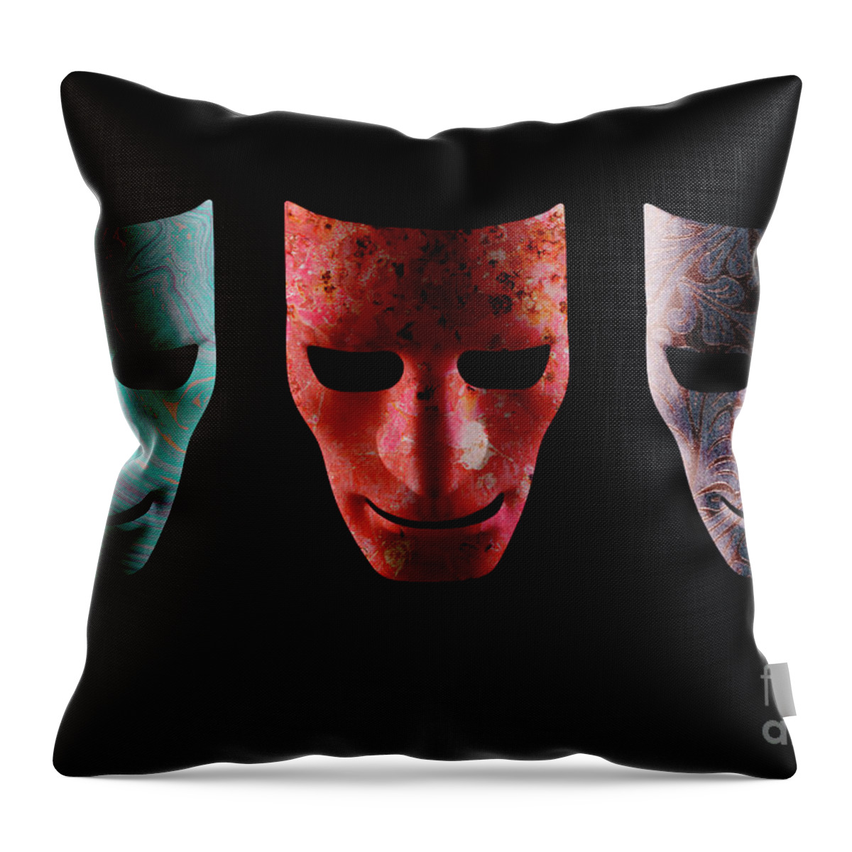 Mask Throw Pillow featuring the photograph Three textured AI robotic face masks by Simon Bratt